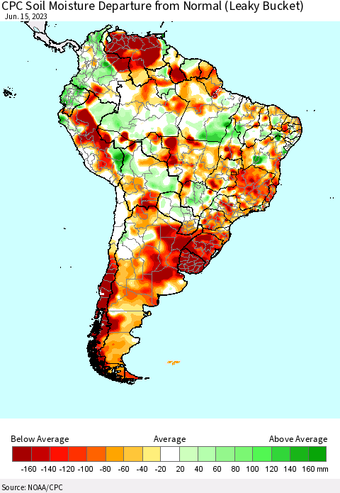 South America CPC Soil Moisture Departure from Normal (Leaky Bucket) Thematic Map For 6/11/2023 - 6/15/2023