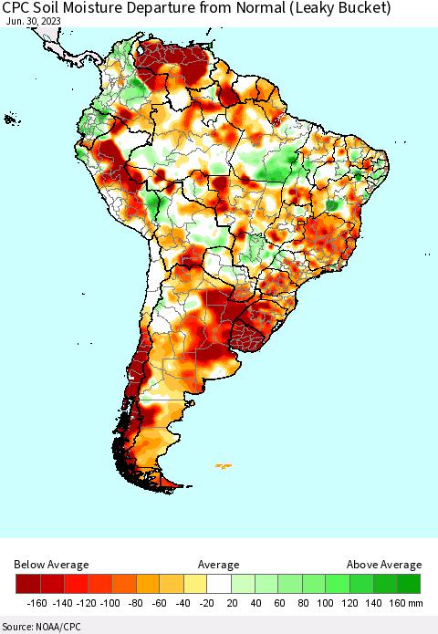 South America CPC Soil Moisture Departure from Normal (Leaky Bucket) Thematic Map For 6/26/2023 - 6/30/2023