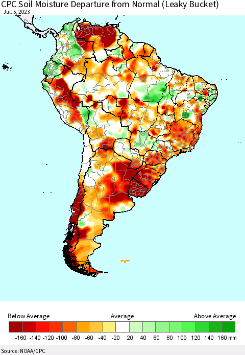 South America CPC Soil Moisture Departure from Normal (Leaky Bucket) Thematic Map For 7/1/2023 - 7/5/2023
