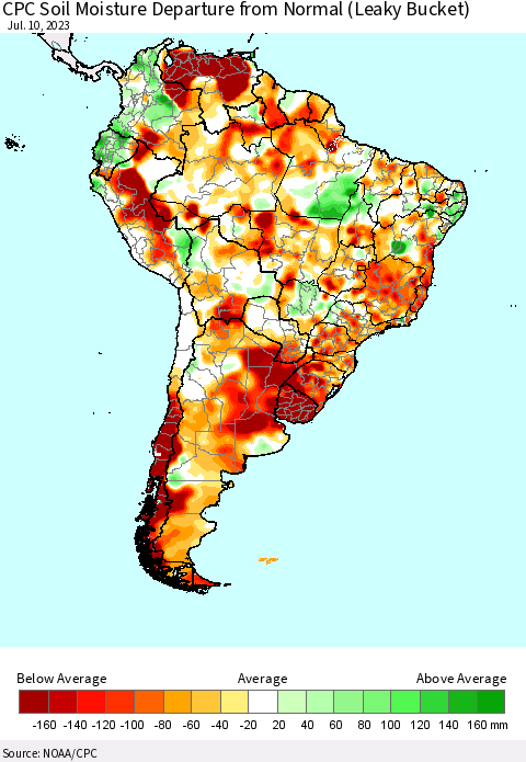 South America CPC Soil Moisture Departure from Normal (Leaky Bucket) Thematic Map For 7/6/2023 - 7/10/2023