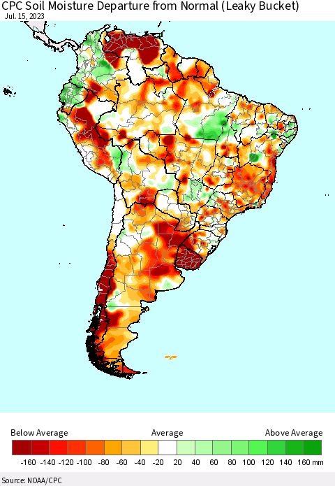 South America CPC Soil Moisture Departure from Normal (Leaky Bucket) Thematic Map For 7/11/2023 - 7/15/2023
