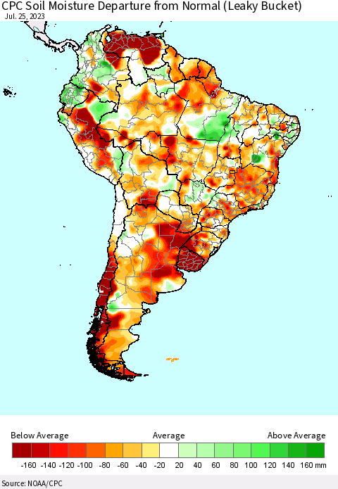 South America CPC Soil Moisture Departure from Normal (Leaky Bucket) Thematic Map For 7/21/2023 - 7/25/2023