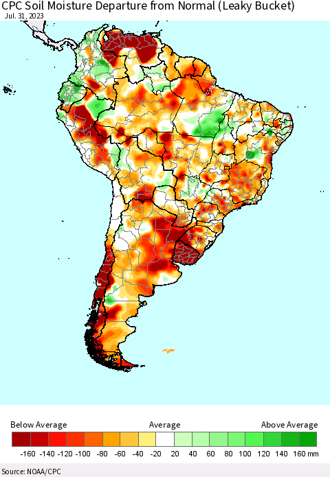 South America CPC Soil Moisture Departure from Normal (Leaky Bucket) Thematic Map For 7/26/2023 - 7/31/2023