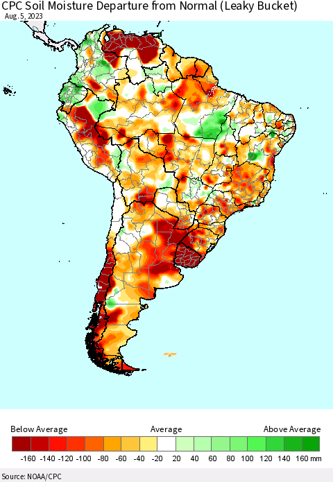 South America CPC Soil Moisture Departure from Normal (Leaky Bucket) Thematic Map For 8/1/2023 - 8/5/2023