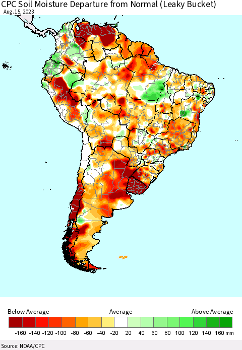 South America CPC Soil Moisture Departure from Normal (Leaky Bucket) Thematic Map For 8/11/2023 - 8/15/2023