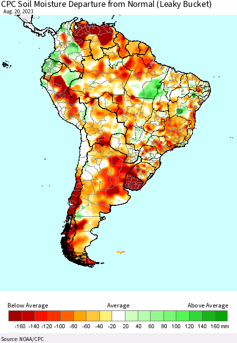 South America CPC Soil Moisture Departure from Normal (Leaky Bucket) Thematic Map For 8/16/2023 - 8/20/2023