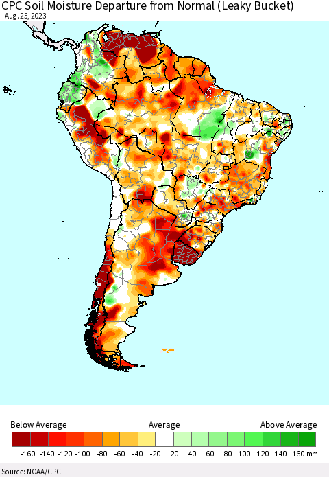 South America CPC Soil Moisture Departure from Normal (Leaky Bucket) Thematic Map For 8/21/2023 - 8/25/2023