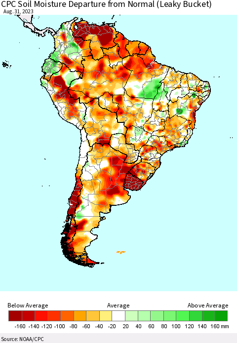 South America CPC Soil Moisture Departure from Normal (Leaky Bucket) Thematic Map For 8/26/2023 - 8/31/2023