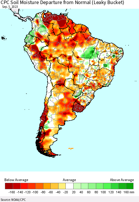 South America CPC Soil Moisture Departure from Normal (Leaky Bucket) Thematic Map For 9/1/2023 - 9/5/2023