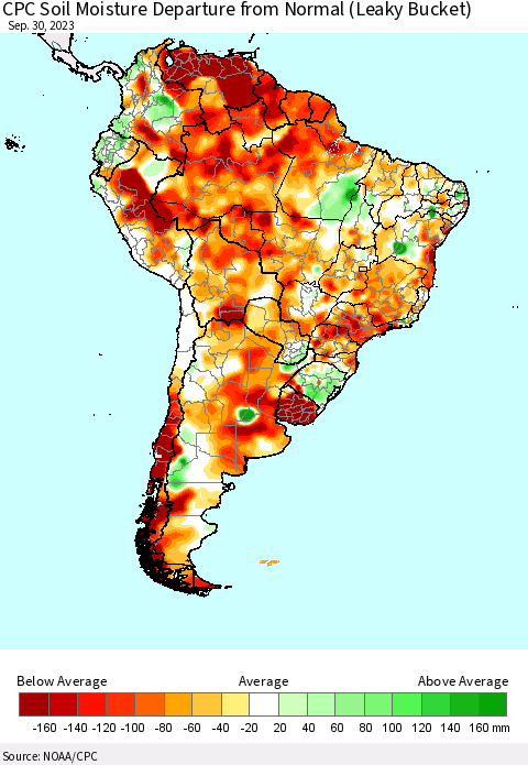 South America CPC Soil Moisture Departure from Normal (Leaky Bucket) Thematic Map For 9/26/2023 - 9/30/2023