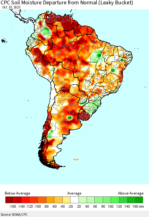 South America CPC Soil Moisture Departure from Normal (Leaky Bucket) Thematic Map For 10/6/2023 - 10/10/2023