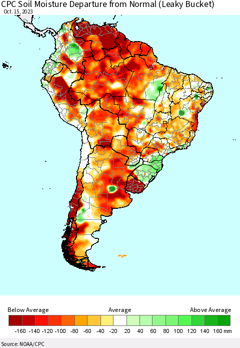 South America CPC Soil Moisture Departure from Normal (Leaky Bucket) Thematic Map For 10/11/2023 - 10/15/2023