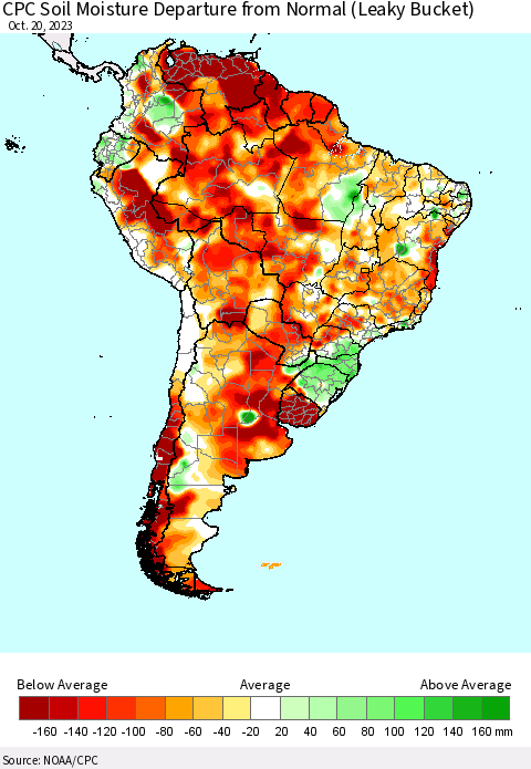 South America CPC Soil Moisture Departure from Normal (Leaky Bucket) Thematic Map For 10/16/2023 - 10/20/2023