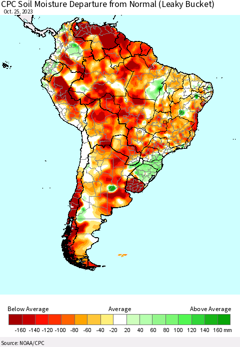 South America CPC Soil Moisture Departure from Normal (Leaky Bucket) Thematic Map For 10/21/2023 - 10/25/2023