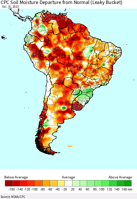 South America CPC Soil Moisture Departure from Normal (Leaky Bucket) Thematic Map For 10/26/2023 - 10/31/2023