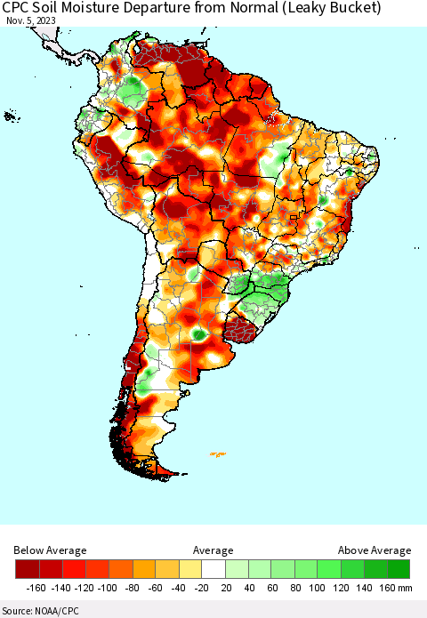 South America CPC Soil Moisture Departure from Normal (Leaky Bucket) Thematic Map For 11/1/2023 - 11/5/2023