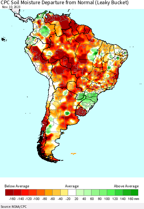 South America CPC Soil Moisture Departure from Normal (Leaky Bucket) Thematic Map For 11/6/2023 - 11/10/2023