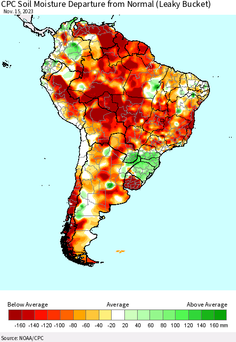 South America CPC Soil Moisture Departure from Normal (Leaky Bucket) Thematic Map For 11/11/2023 - 11/15/2023