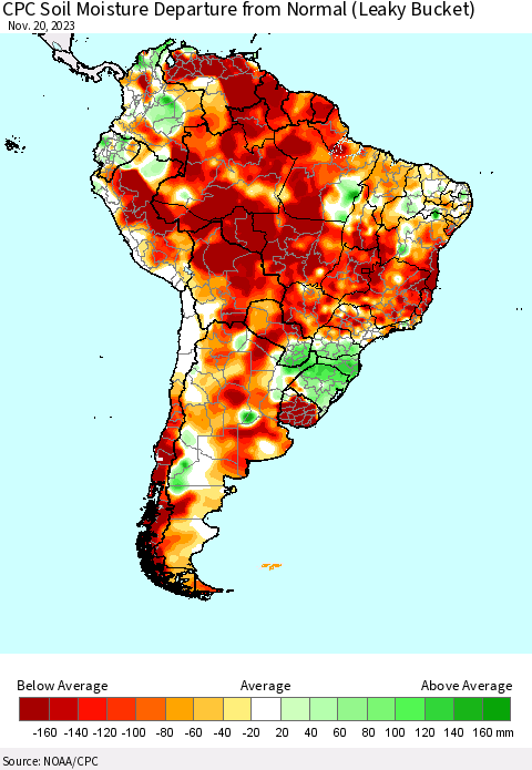South America CPC Soil Moisture Departure from Normal (Leaky Bucket) Thematic Map For 11/16/2023 - 11/20/2023