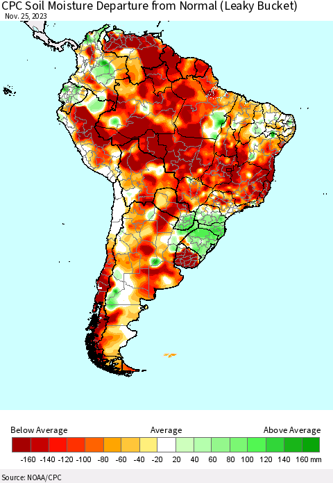 South America CPC Soil Moisture Departure from Normal (Leaky Bucket) Thematic Map For 11/21/2023 - 11/25/2023