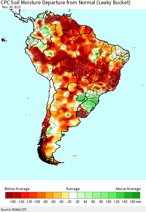 South America CPC Soil Moisture Departure from Normal (Leaky Bucket) Thematic Map For 11/26/2023 - 11/30/2023