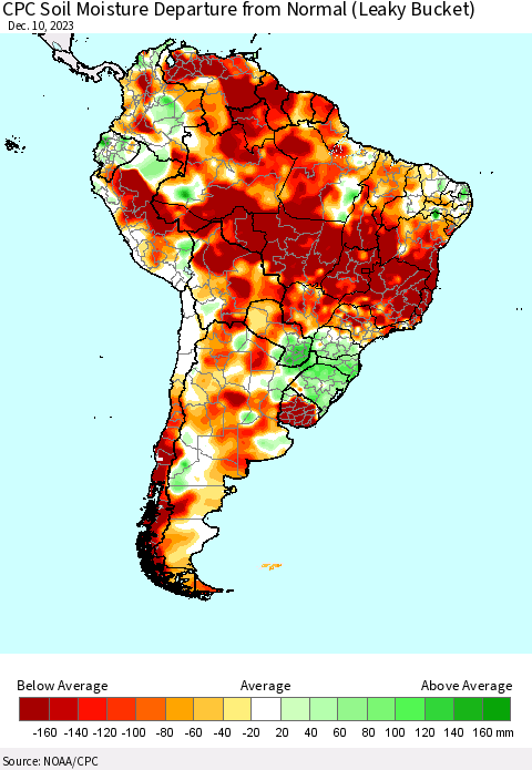 South America CPC Soil Moisture Departure from Normal (Leaky Bucket) Thematic Map For 12/6/2023 - 12/10/2023