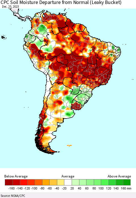 South America CPC Soil Moisture Departure from Normal (Leaky Bucket) Thematic Map For 12/21/2023 - 12/25/2023
