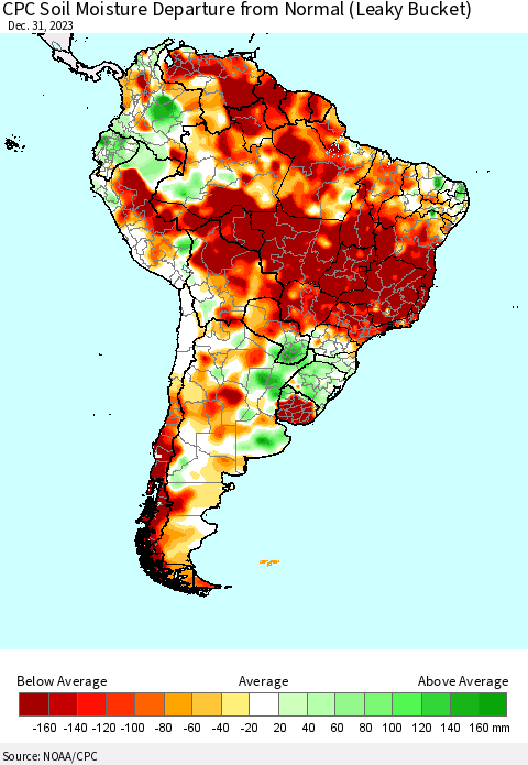 South America CPC Soil Moisture Departure from Normal (Leaky Bucket) Thematic Map For 12/26/2023 - 12/31/2023