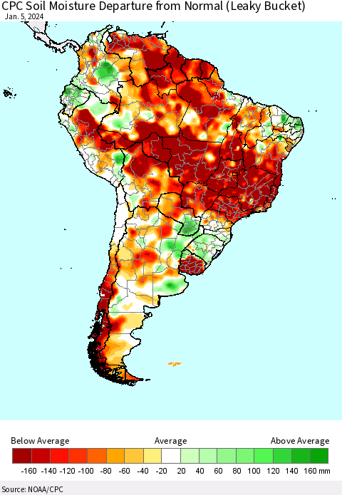South America CPC Soil Moisture Departure from Normal (Leaky Bucket) Thematic Map For 1/1/2024 - 1/5/2024