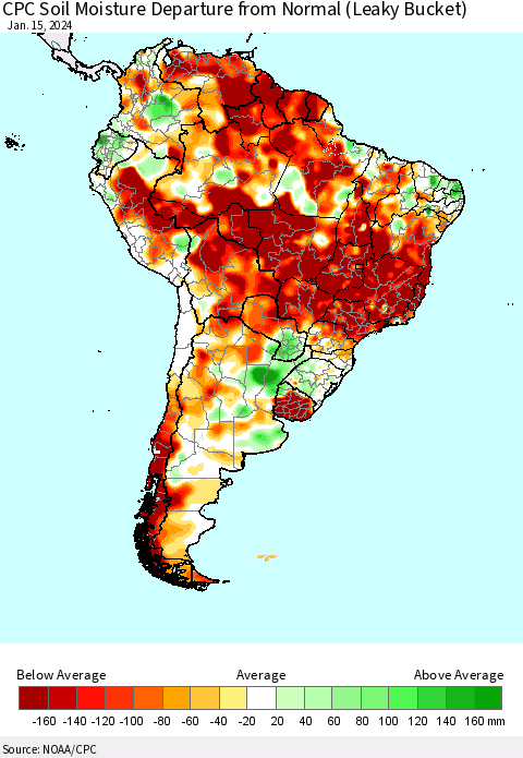 South America CPC Soil Moisture Departure from Normal (Leaky Bucket) Thematic Map For 1/11/2024 - 1/15/2024