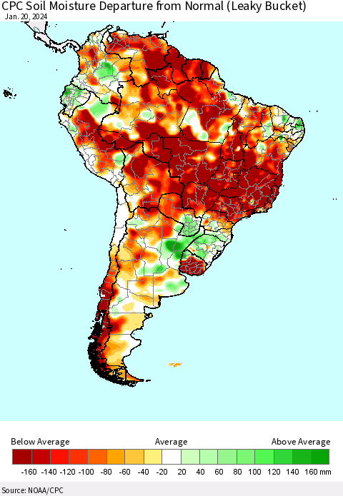 South America CPC Soil Moisture Departure from Normal (Leaky Bucket) Thematic Map For 1/16/2024 - 1/20/2024