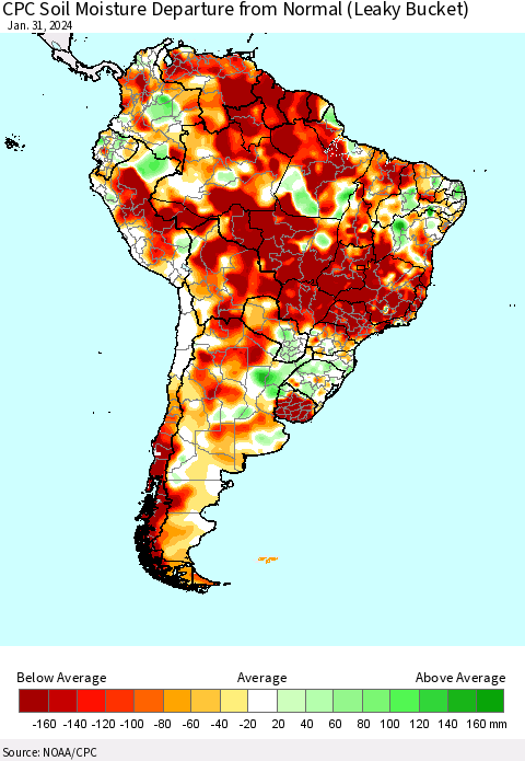 South America CPC Soil Moisture Departure from Normal (Leaky Bucket) Thematic Map For 1/26/2024 - 1/31/2024
