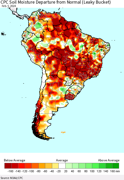 South America CPC Soil Moisture Departure from Normal (Leaky Bucket) Thematic Map For 2/1/2024 - 2/5/2024