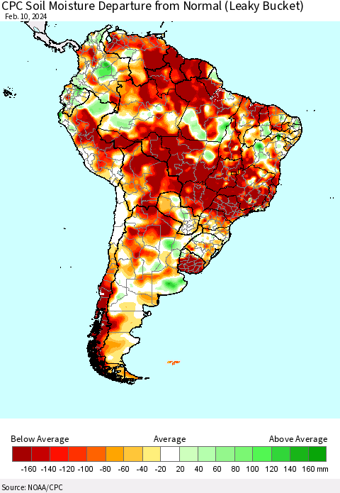 South America CPC Soil Moisture Departure from Normal (Leaky Bucket) Thematic Map For 2/6/2024 - 2/10/2024