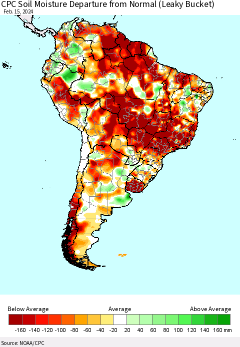 South America CPC Soil Moisture Departure from Normal (Leaky Bucket) Thematic Map For 2/11/2024 - 2/15/2024