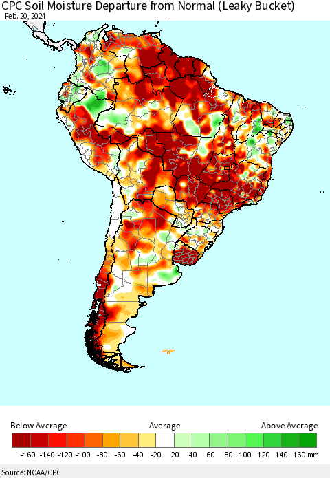 South America CPC Soil Moisture Departure from Normal (Leaky Bucket) Thematic Map For 2/16/2024 - 2/20/2024