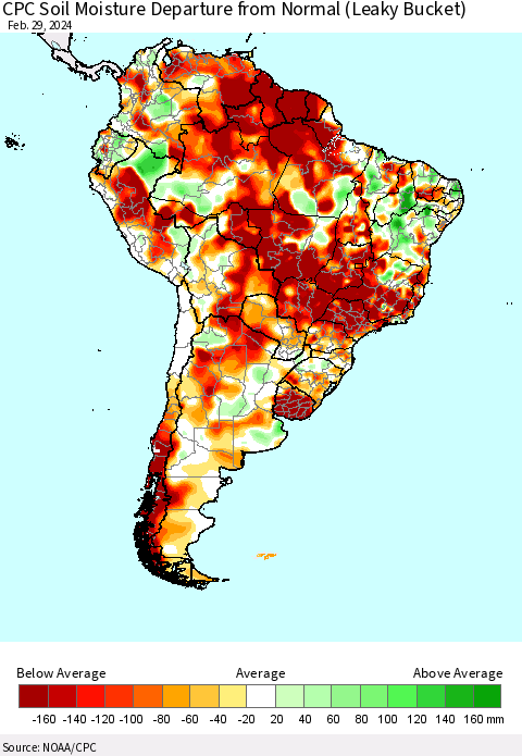 South America CPC Soil Moisture Departure from Normal (Leaky Bucket) Thematic Map For 2/26/2024 - 2/29/2024