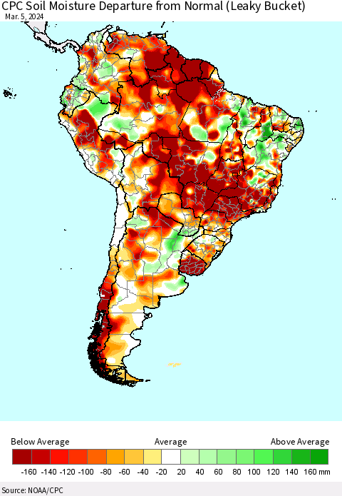South America CPC Soil Moisture Departure from Normal (Leaky Bucket) Thematic Map For 3/1/2024 - 3/5/2024