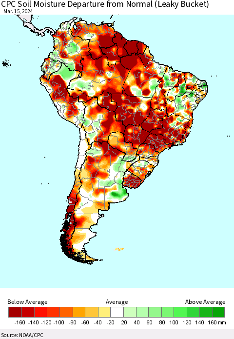 South America CPC Soil Moisture Departure from Normal (Leaky Bucket) Thematic Map For 3/11/2024 - 3/15/2024