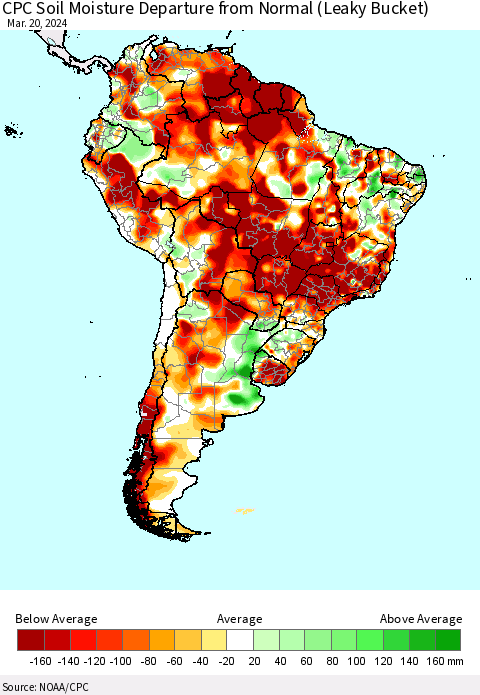 South America CPC Soil Moisture Departure from Normal (Leaky Bucket) Thematic Map For 3/16/2024 - 3/20/2024