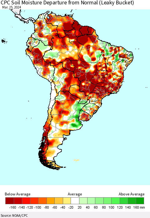 South America CPC Soil Moisture Departure from Normal (Leaky Bucket) Thematic Map For 3/21/2024 - 3/25/2024