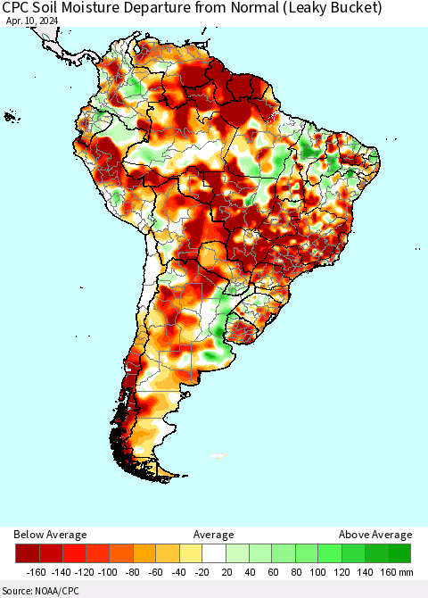 South America CPC Soil Moisture Departure from Normal (Leaky Bucket) Thematic Map For 4/6/2024 - 4/10/2024