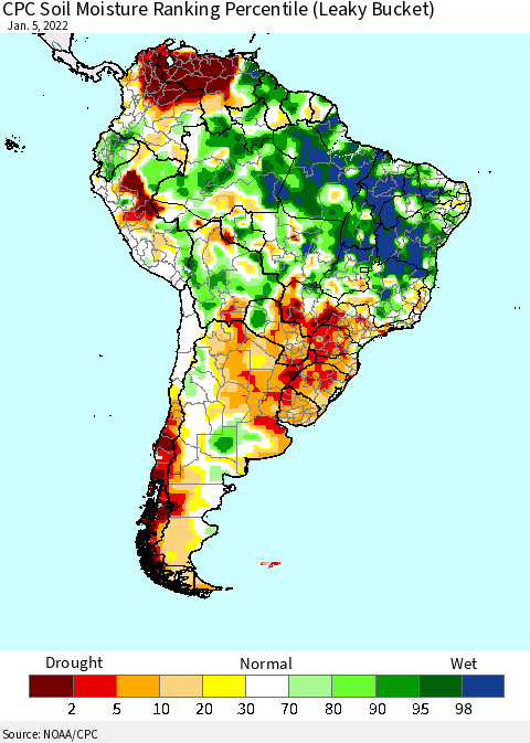 South America CPC Soil Moisture Ranking Percentile (Leaky Bucket) Thematic Map For 1/1/2022 - 1/5/2022