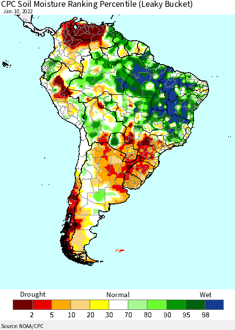 South America CPC Soil Moisture Ranking Percentile (Leaky Bucket) Thematic Map For 1/6/2022 - 1/10/2022
