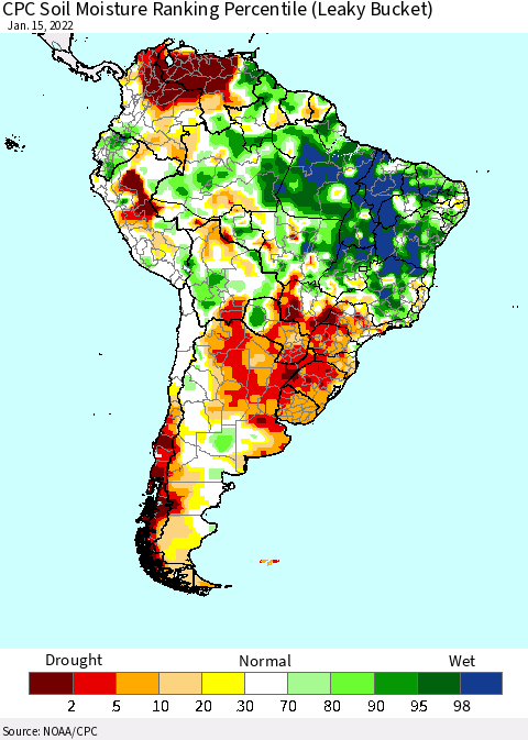 South America CPC Soil Moisture Ranking Percentile (Leaky Bucket) Thematic Map For 1/11/2022 - 1/15/2022