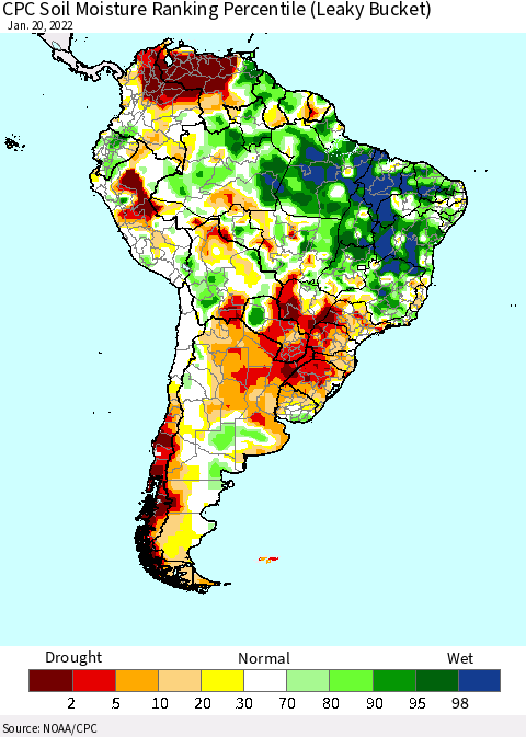 South America CPC Soil Moisture Ranking Percentile (Leaky Bucket) Thematic Map For 1/16/2022 - 1/20/2022