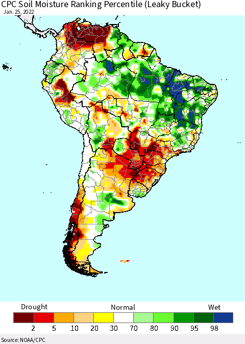 South America CPC Soil Moisture Ranking Percentile (Leaky Bucket) Thematic Map For 1/21/2022 - 1/25/2022