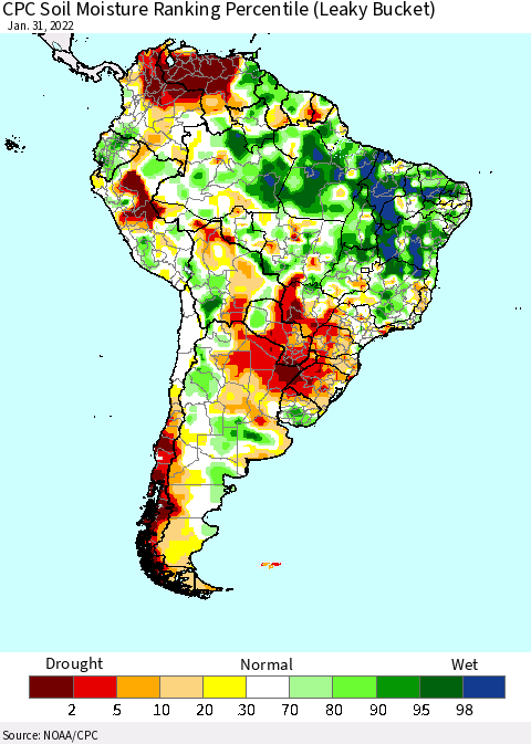 South America CPC Soil Moisture Ranking Percentile (Leaky Bucket) Thematic Map For 1/26/2022 - 1/31/2022