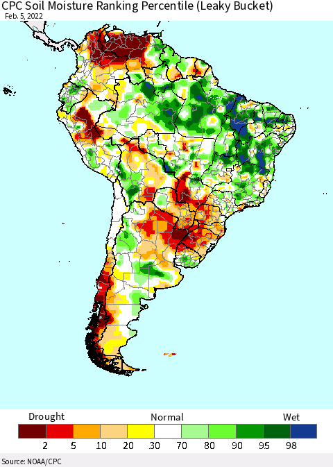 South America CPC Soil Moisture Ranking Percentile (Leaky Bucket) Thematic Map For 2/1/2022 - 2/5/2022