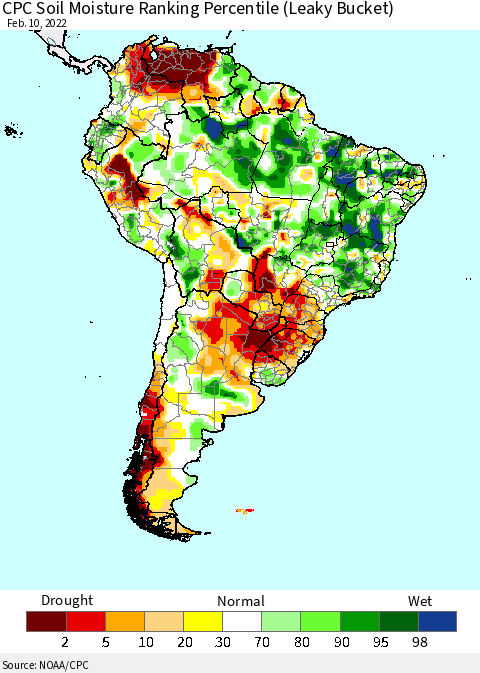 South America CPC Soil Moisture Ranking Percentile (Leaky Bucket) Thematic Map For 2/6/2022 - 2/10/2022